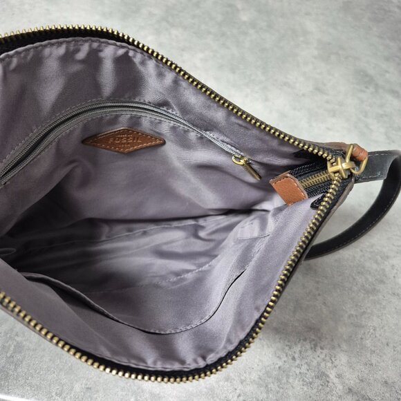 Fossil Black leather with Brown Accent Crossbody Shoulder Bag - Picture 14 of 15